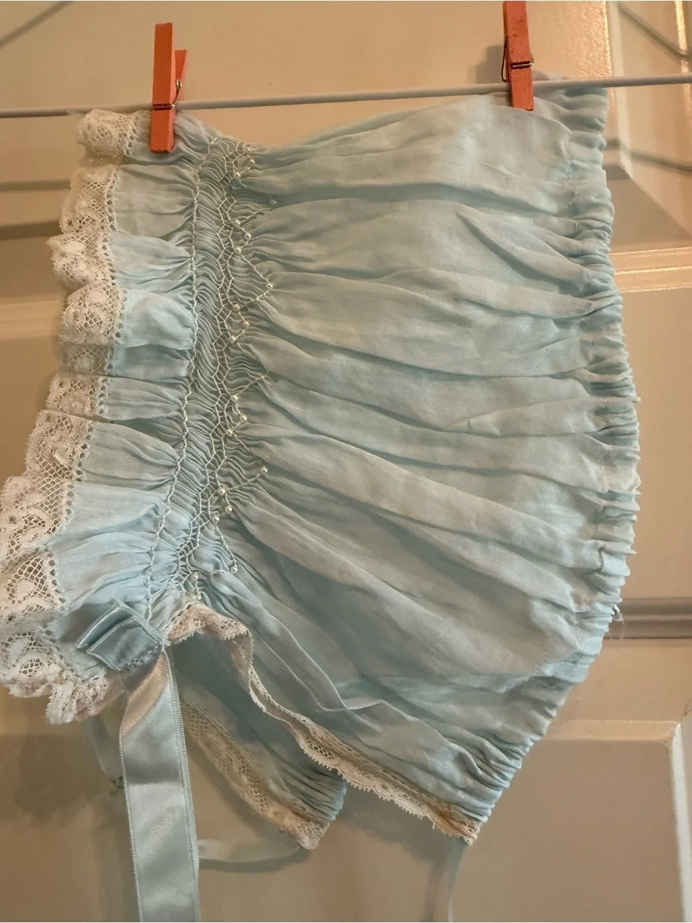 Blue Lace-Trim with hand sewn pearl details, bonnet & matching diaper cover.